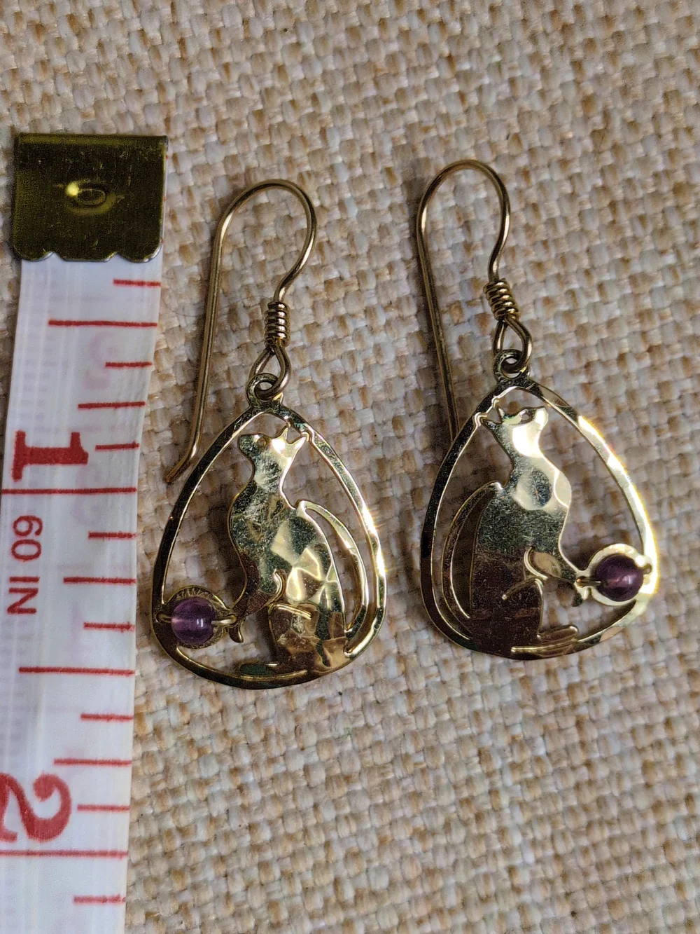 Gold Cat Drop Earrings with Purple Stone Accent